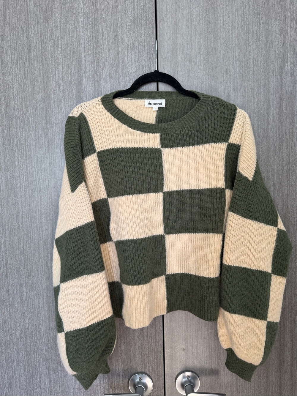 &merci Olive and Cream Checkerboard Crew Sweater
